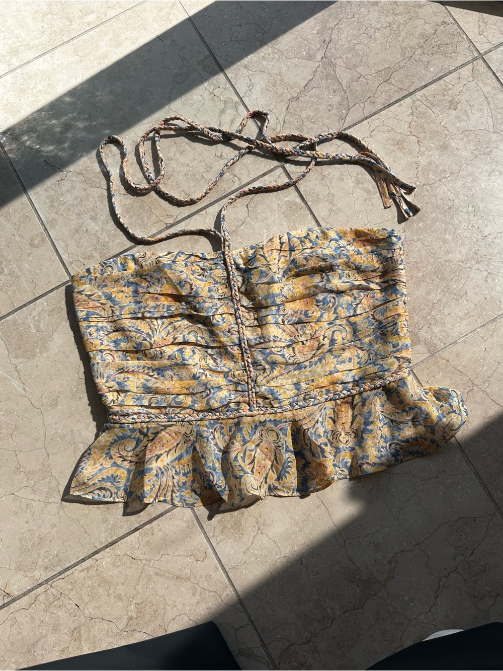 Veronica Beard Yellow Blue Floral Strapless Peplum Crop Top